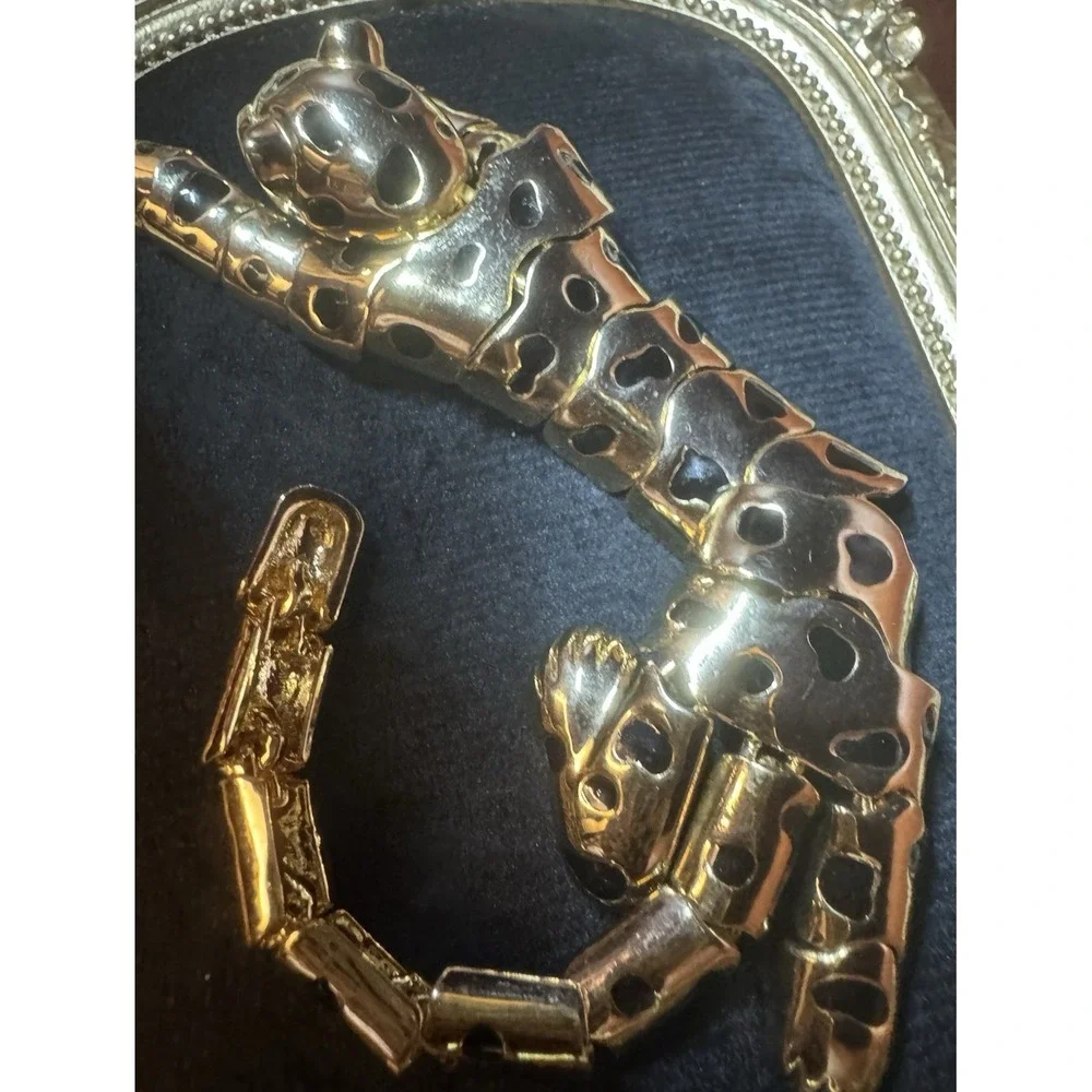 Vintage Articulated Panther Leopard Brooch Gold Tone Green Eyes Statement Jewelr